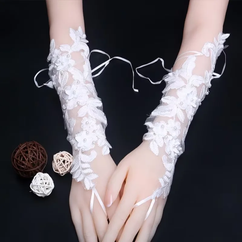 3D White Pearl Embroidery Floral 100% Polyester Wedding Decorative Gloves Evening Dress Lace Glove For Bride