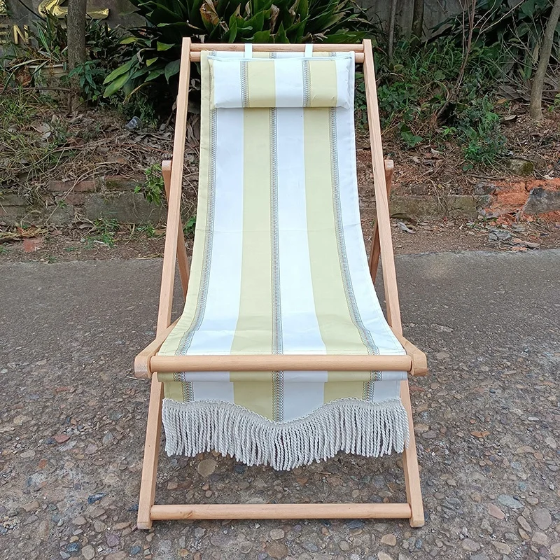 Modern simple easy carry classic terrace armless stripe cotton hardwood timber folding outdoor beach chair with fringes