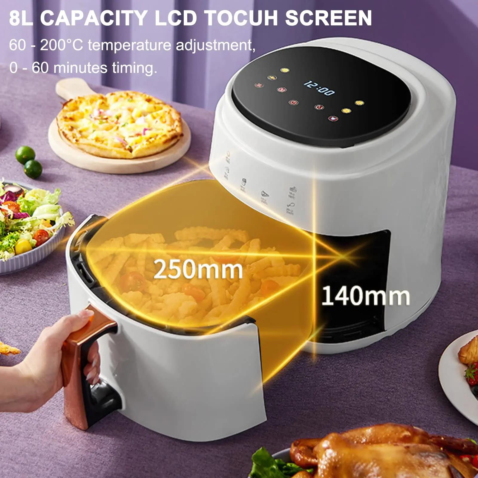 1400W Air Circulation Nonstick Basket 8L Oilless Air Fryers with 6 Presets Digital Touch Screen Timer Temperature Control