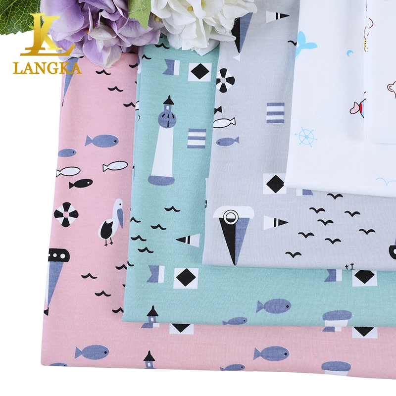 Langka men pajamas knitted cotton jersey anti-bacterial fabric roll textile for boys block printed sleepwear knitwear