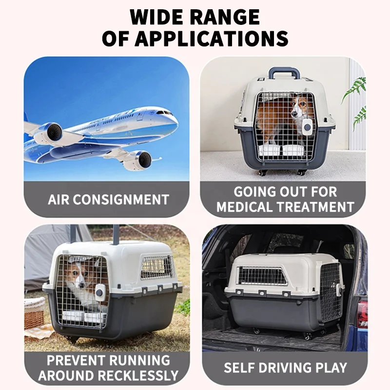 Multi Size Durable Travel Pet Carrier Outdoor Portable Airline Pet Cage Plastic Kennel Wheel Pet Cage Carrier With trolley