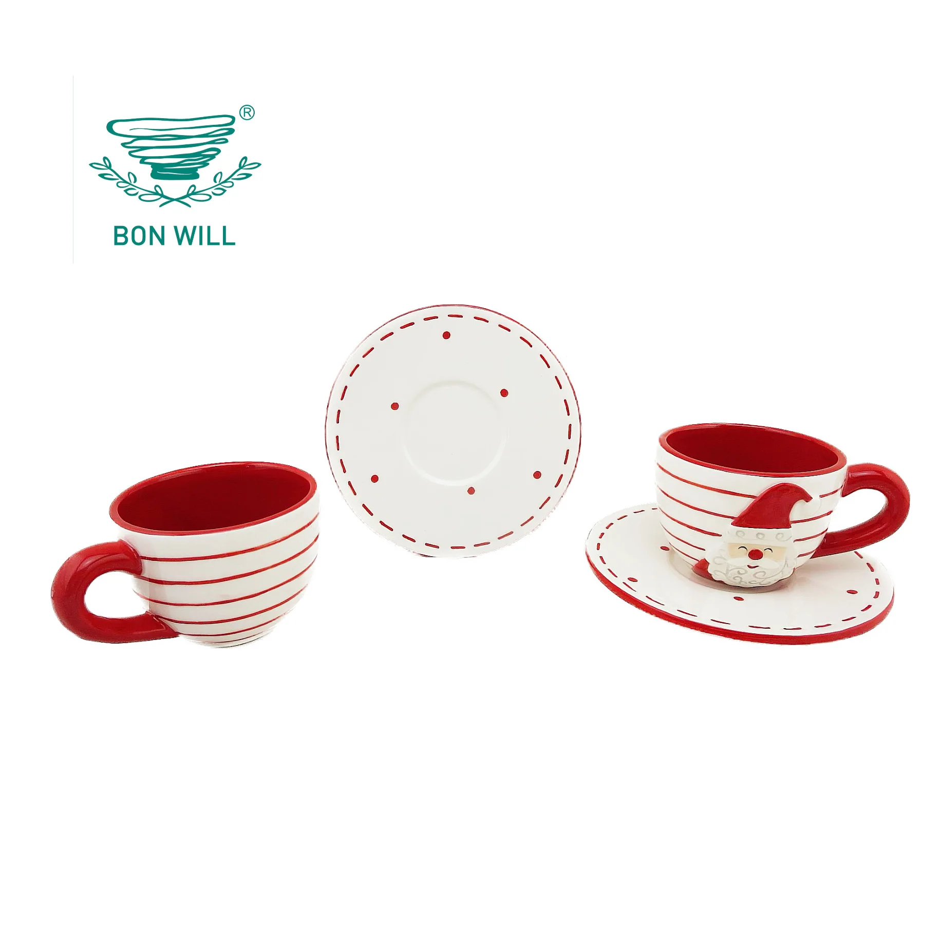 Stitch Embossed Santa Coffee Mug with Saucer Ceramic Christmas Tableware and Gift