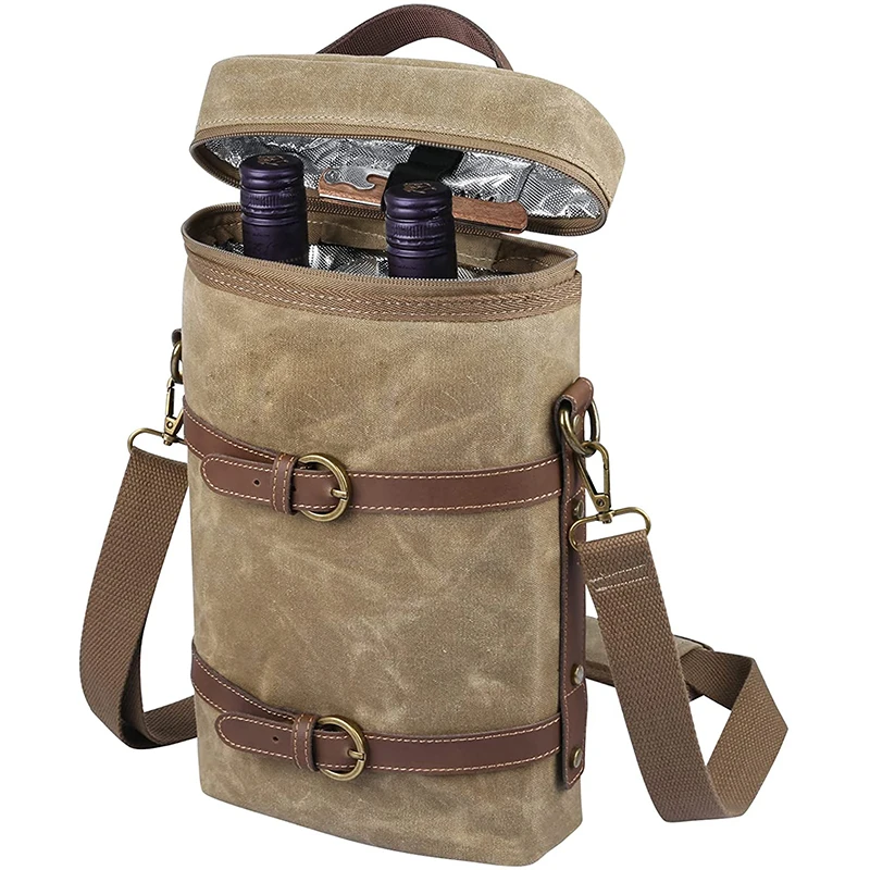 Custom Distressed Waxed Canvas Wine Tote Gift Bag Picnic 2 Bottle Insulated Wine Bag luxury wine bottle bag
