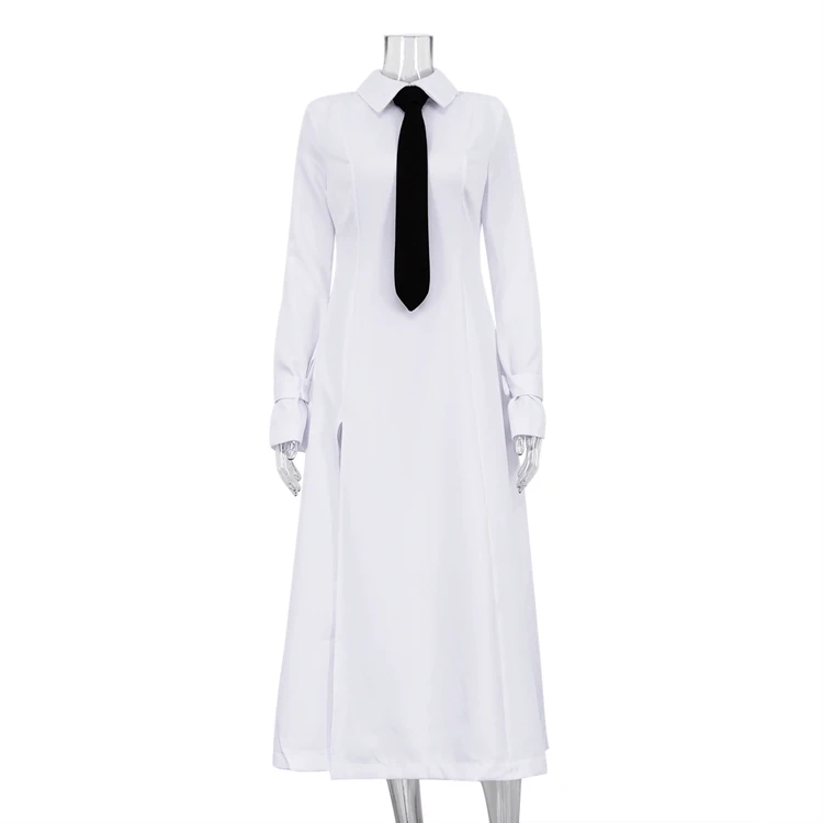 Designer Clothes Preppy Tie Shoulder Padded Long Sleeve Shirt Style Ladies Slit Dresses Casual White Long Shirt Dress For Women