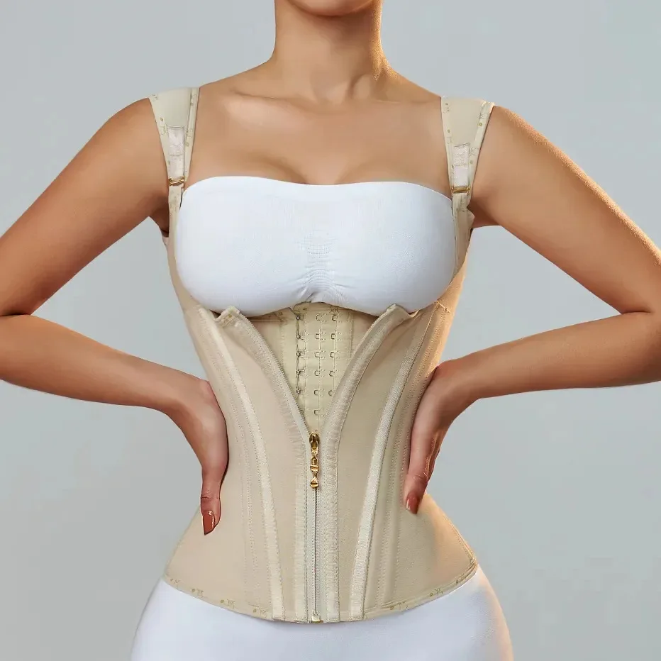 Custom Private Label Double Compression Adjustable Zipper Tummy Wrap 15 Steel Bone Abdomen Corset Vest Waist Trainer Shaper