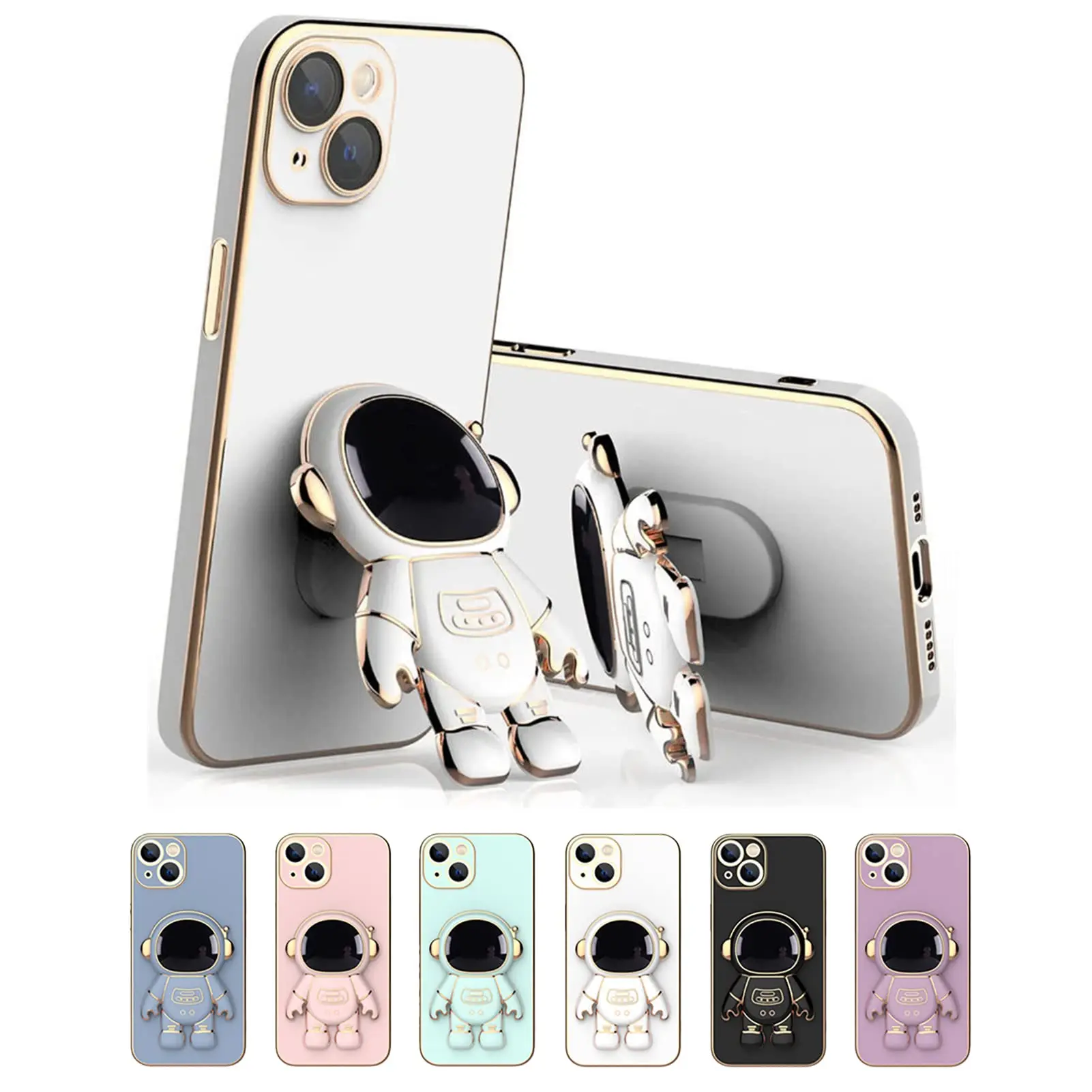 3D Cute Astronauts Luxury Gold Side Plating Silicone Phone Stand Holder Phone Case Cover for iPhone 11 12 13 14 Pro Max