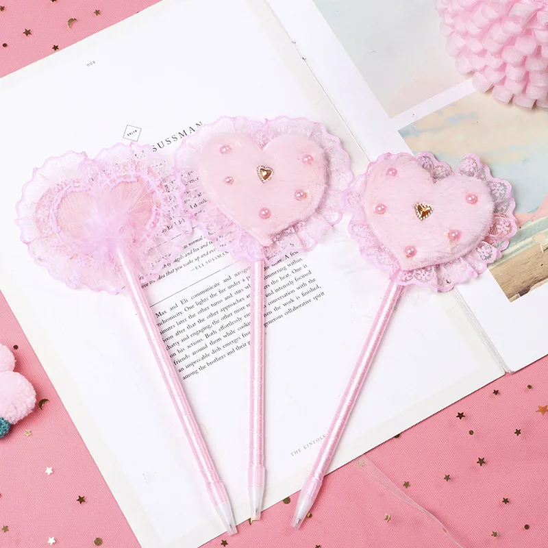 Korean Creative Pink Heart Ballpoint Pen Bow Heart Plush Ballpoint Pen For Student Gifts