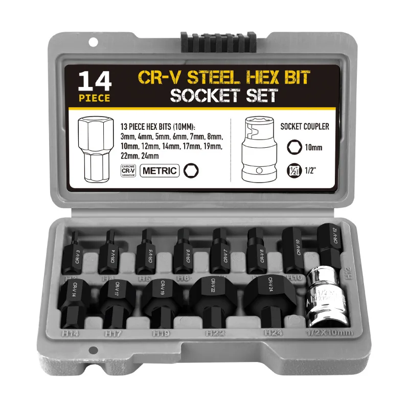 Manufacturer Professional 1/2'  14pcs Hex Bit Socket Set CR-V Metric Standard Plastic Storage Box Maintenance Hand Tools
