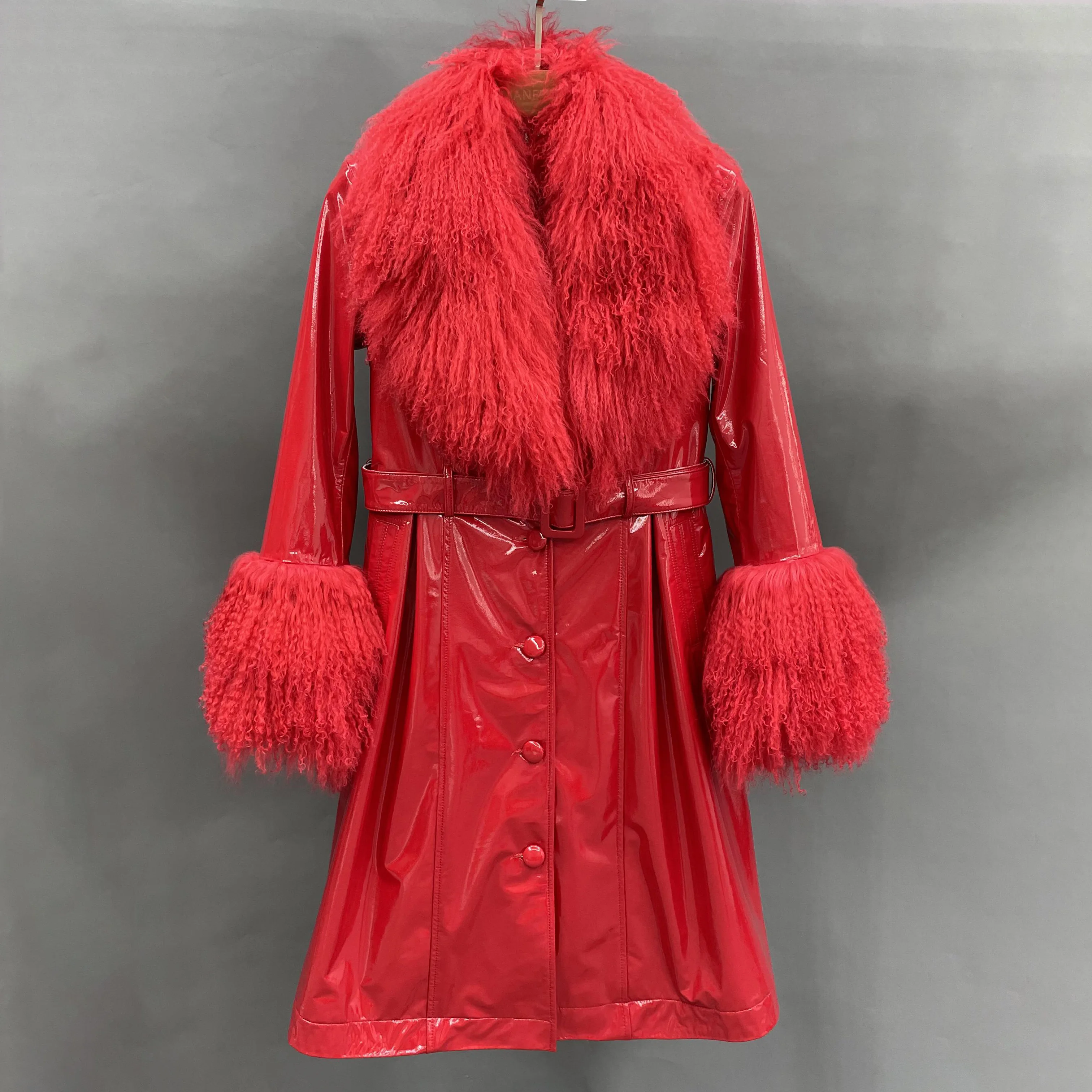 Shiny Leather Skin Coat Real Fur Collar Cuffs Women Long Trench Genuine Leather Fur Coat