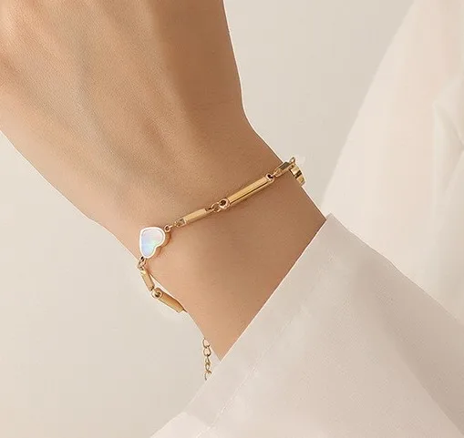 Zooying  White sea shell inlaid with heart titanium steel bamboo chain bracelet