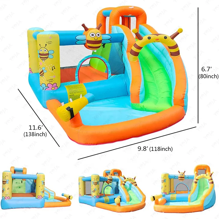 Cute Little Bee Design Inflatable Climbing Water Slide Bounce House with Spray Water Pool and Blower for Kids Outdoor Party Fun