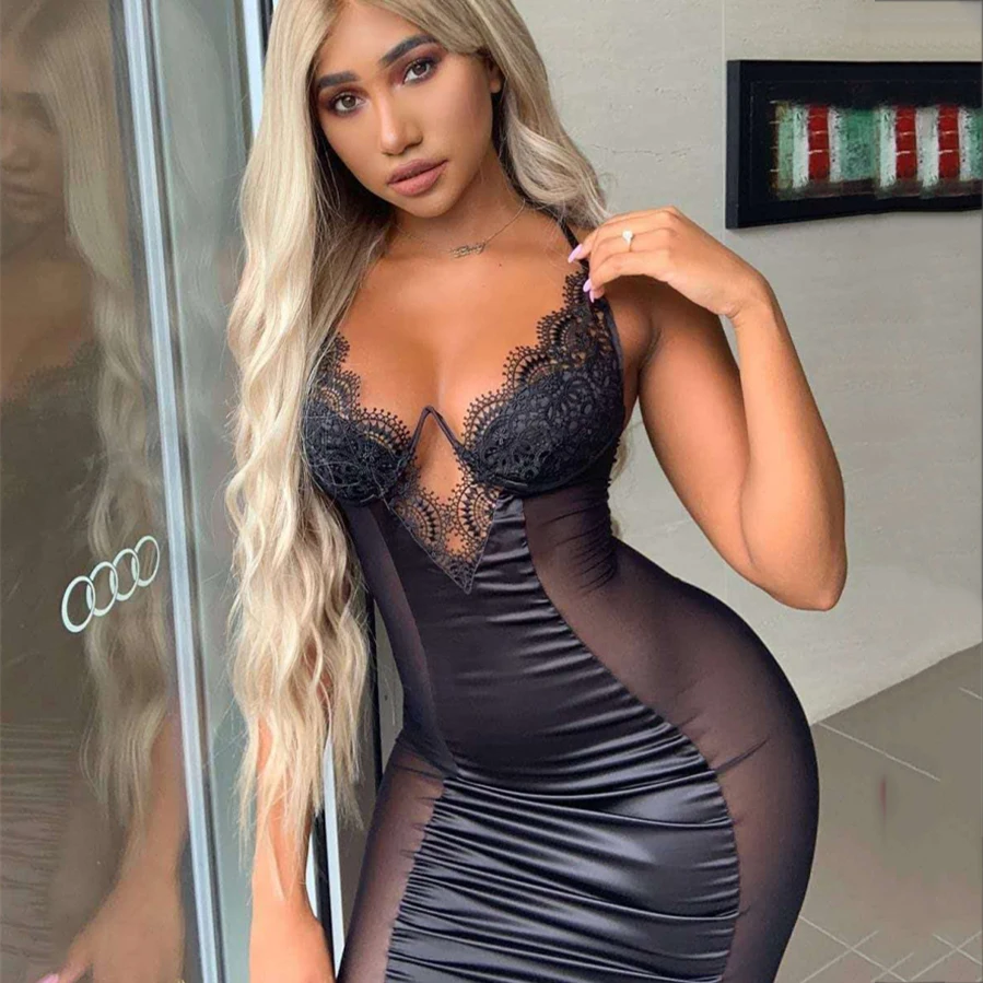 Mesh Sexy Dress Women 2021 Summer Bodycon Dresses Bustier Satin Lace Side Sheer Cups Party Dress See Through