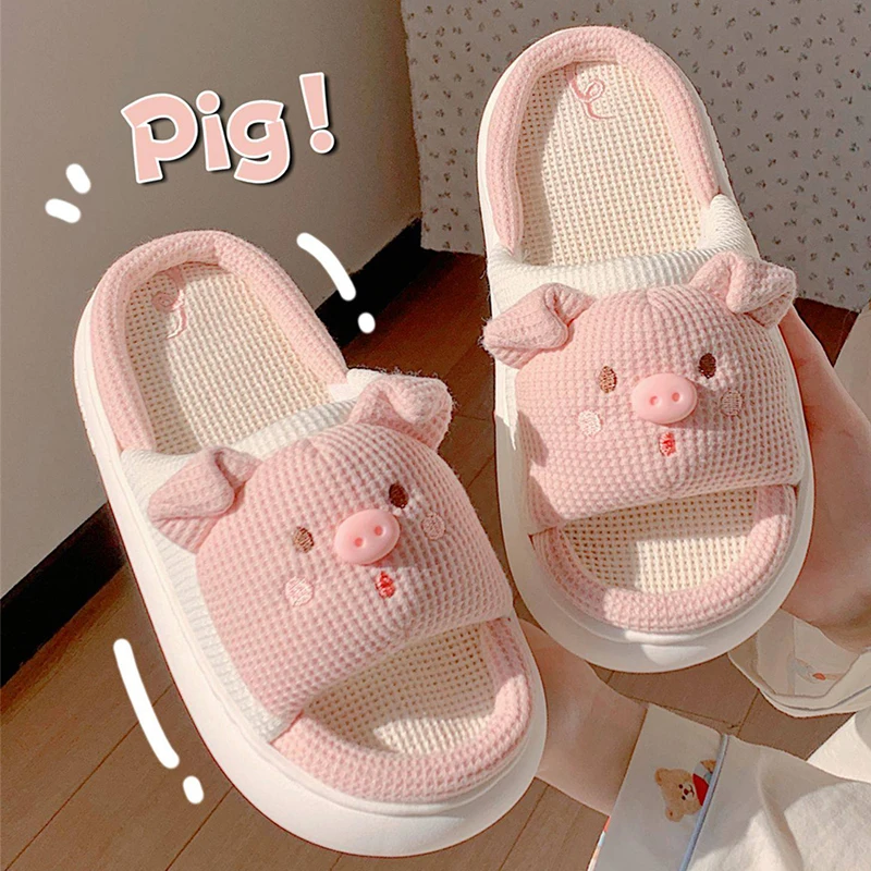 Wholesale Women Quiet Indoor Cool Flax Comfy Slides Fashion Home Summer Cute Small Pig Animal Linen Shoe Slippers