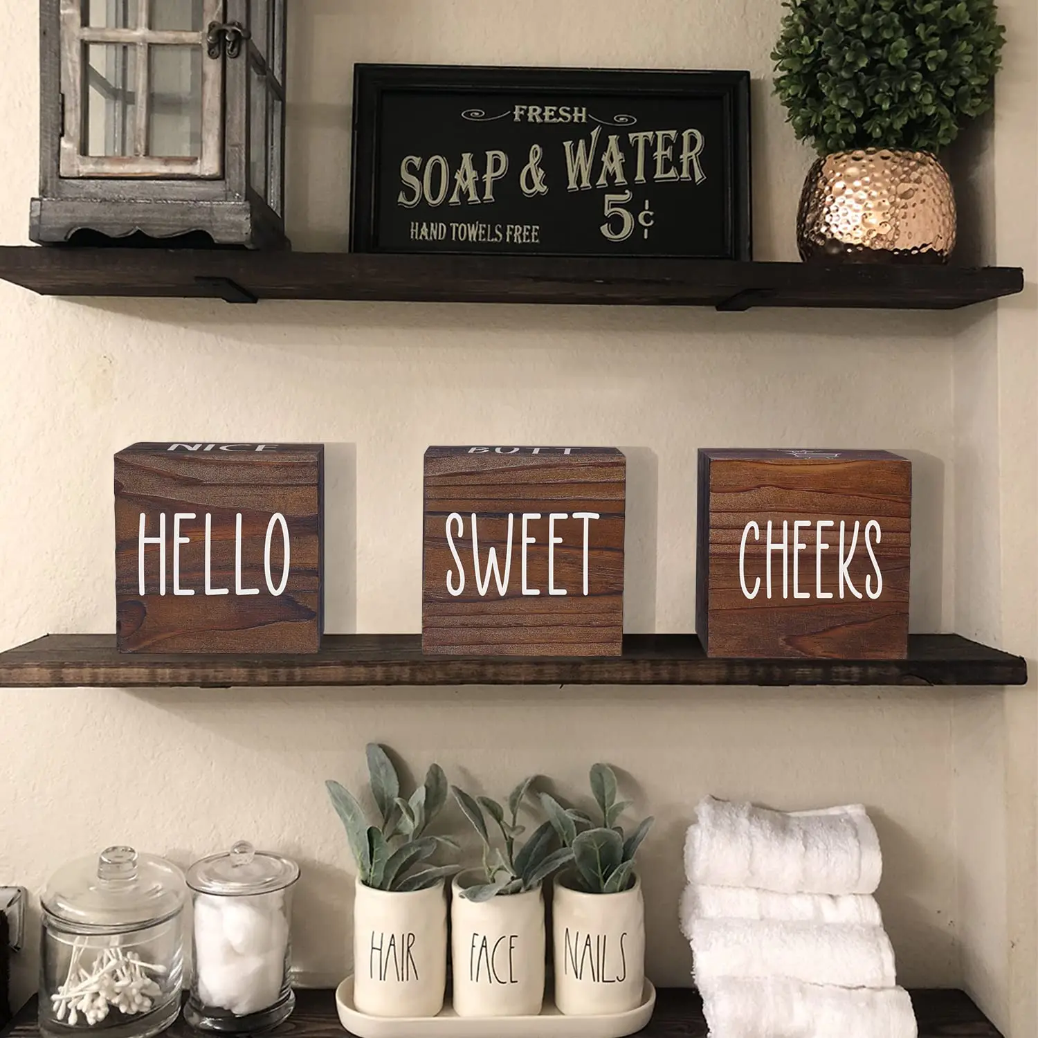 Restroom Farmhouse Decorations 4 Sides-Nice Butt&Get Naked&Hello Sweet Cheeks&Wash Your Hands Wooden Block Decor
