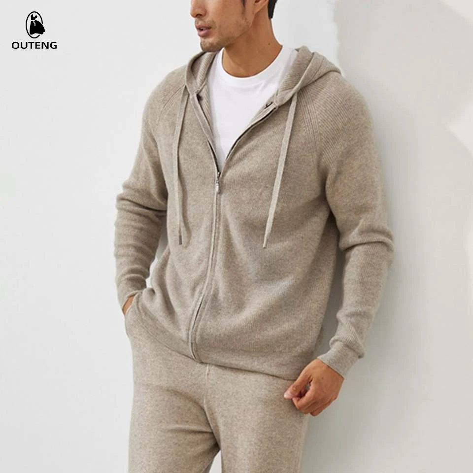 Custom Logo Men Zip Up Hoodies Sweatshirts Hooded Sweater Cardigan Trendy Knit Organic Cashmere Sweaters