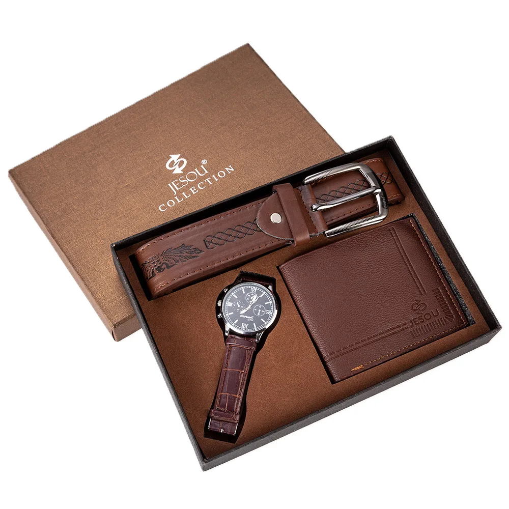 High quality birthday father gift business pu wallet gift watch purse belt three-piece set gift box custom men watch set for men