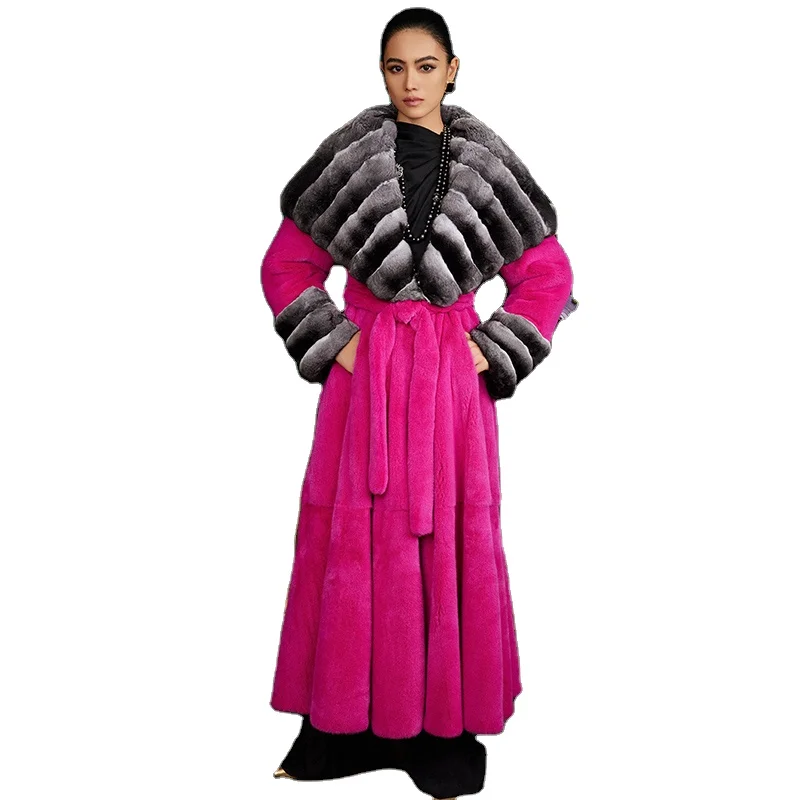Winter Luxury Mink Fur Coat Factory Wholesale Price Genuine Chinchilla Fur Oversize Trench Coat With Extra Bigger Shawl Hood