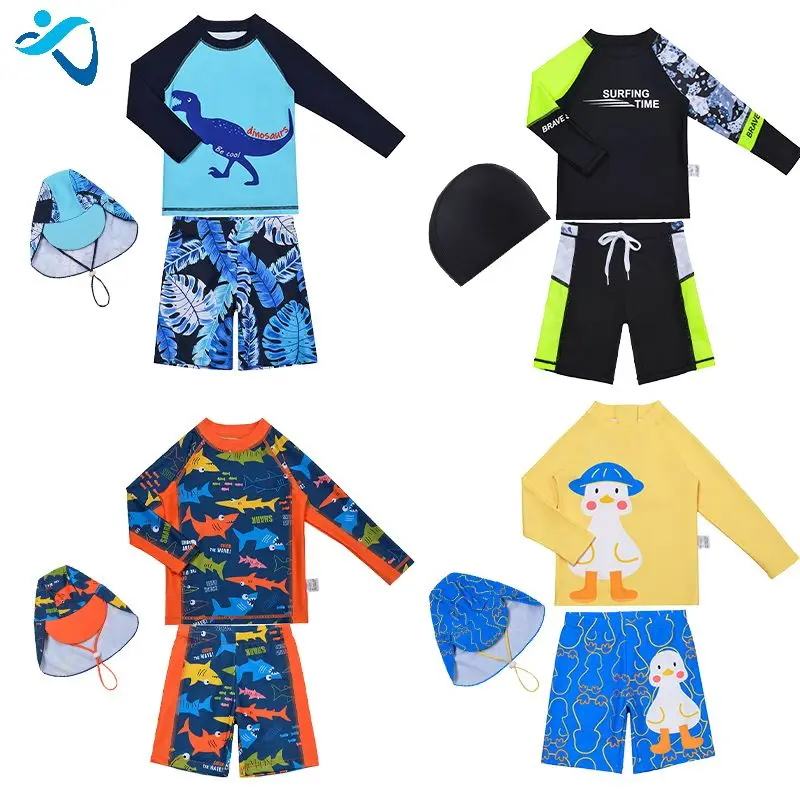 Wholesale Cheap Custom Boys Swimsuit Casual Hot Spring Swimming Trunks Set Vintage Long Sleeve 2 Piece Knitted Baby Swimwear