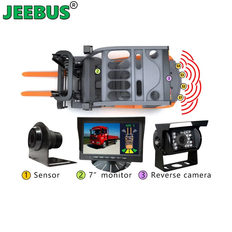 Forklift Truck Parking Sensor Monitor System 7inch HD Backup Car Camera with 4PCS Sensors Monitoring Kits
