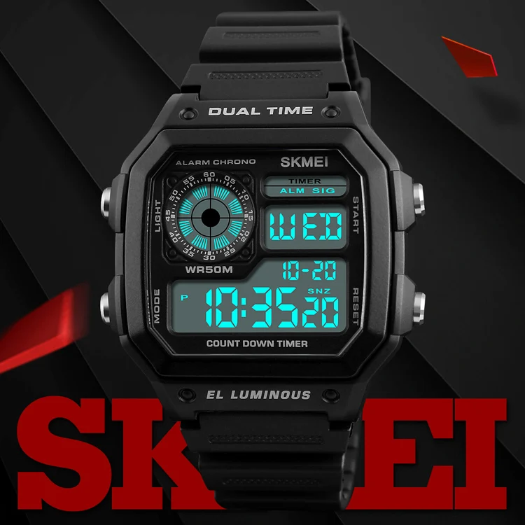 1299 skmei hot sale 50M Waterproof  Plastic Wrist Watch Retro Square  Multifunction Clock digital watches men