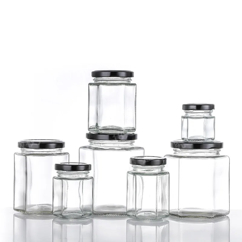 New Hexagonal Unique Promotional Various Sizes Airtight Glass Storage Jar Glass Honey Jar 100ml 180ml 280ml 380ml 500ml