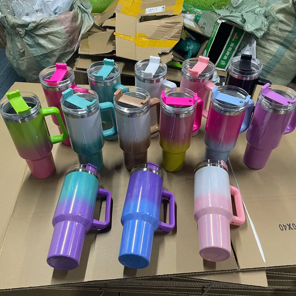 Wholesale Sublimation Gradient Ramp Glitter 40oz Tumbler Adventure Ombre Shimmer 40oz Travel Tumbler With Handle And Straw