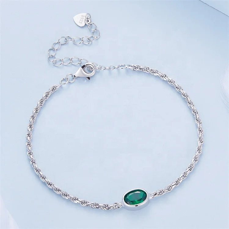 OEM ethnic minimalist luxury designer bracelets emerald fashion jewelry 925 sterling silver chopin chain bracelet for women