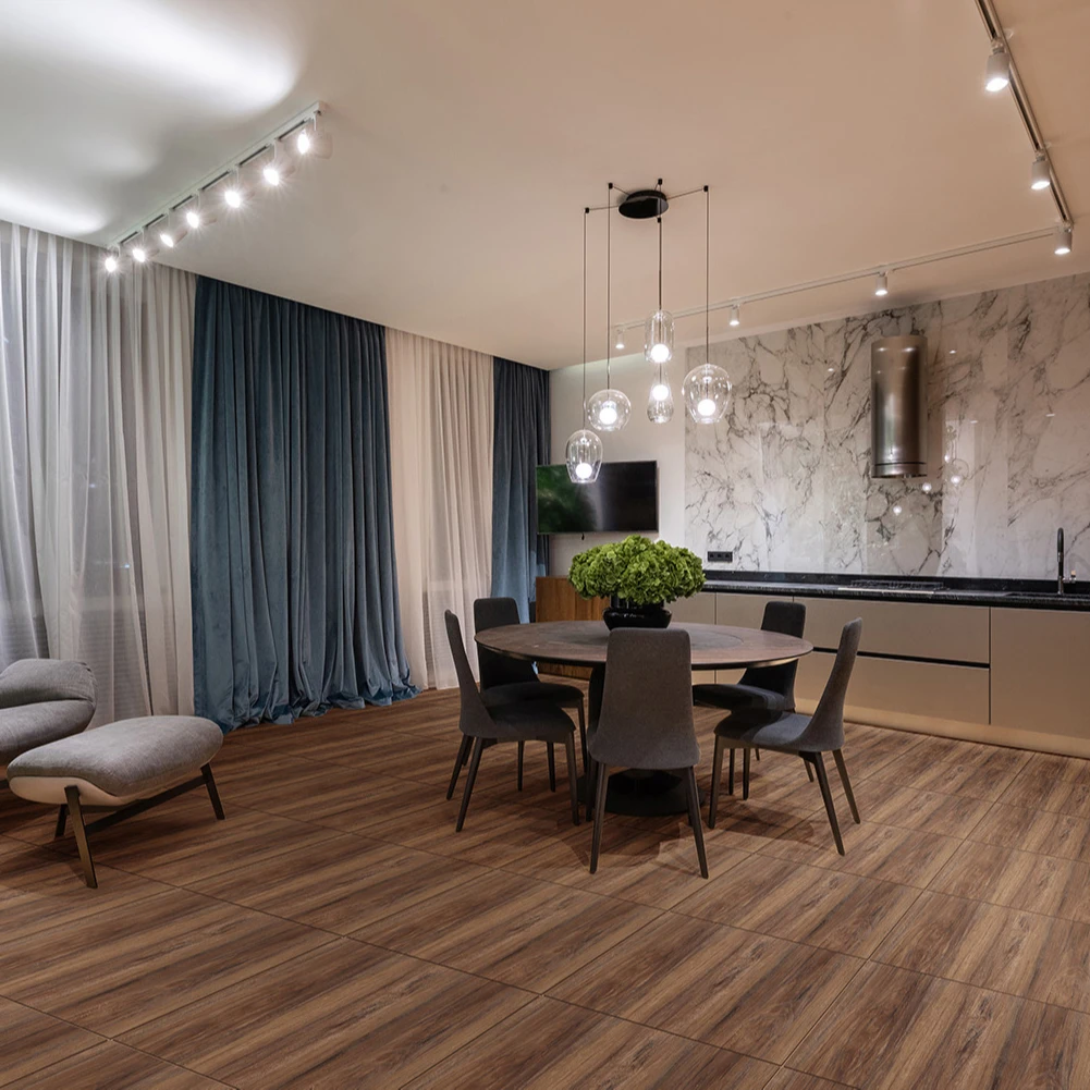 600*600mm Indoor Wood Stone Carpet Grain Porcelain Ceramic Wooden Look Vinyl Flooring Dark Brown Color