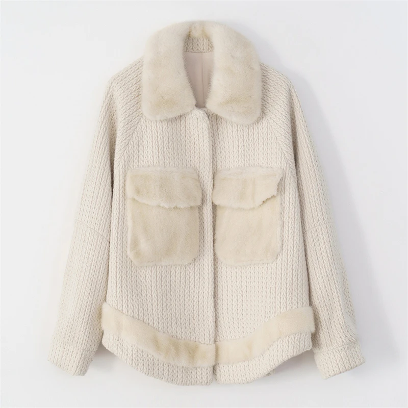 Real Mink Fur Collar Polyester Rabbit Fur Wool Blending White Women Luxury Thick Winter Coat