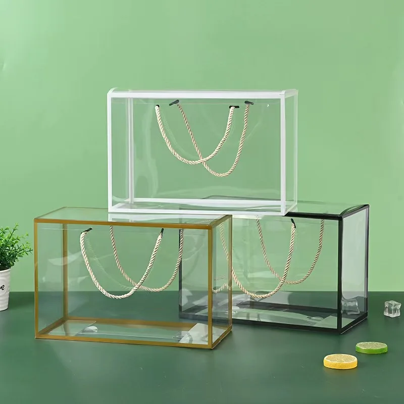 QUICK SHIPPING CLEAR  PVC PET GOLD STAMPING CANDY PACKAGING BOX WEDDING GIFT BOX WITH HANDLE