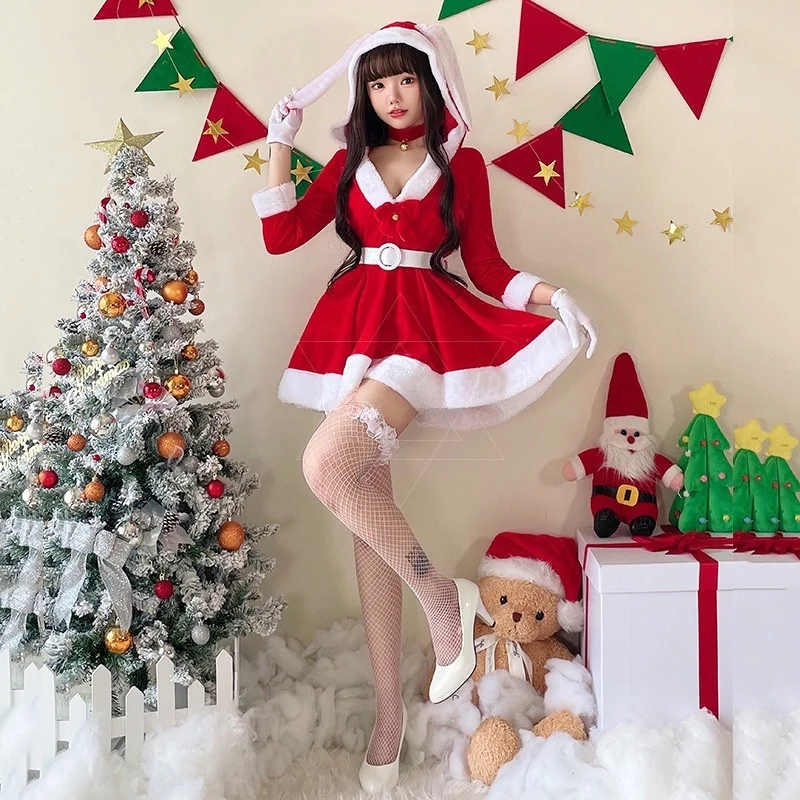 Santa Claus dresses up in Christmas clothes red cute bunny rabbit long sleeved dress