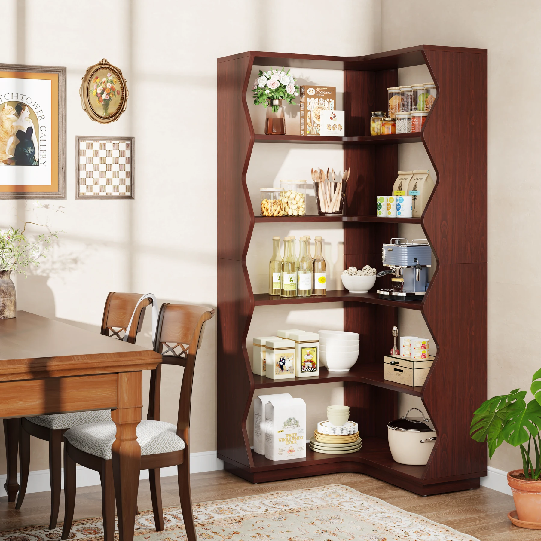Living Room Modern Wooden Rustic Brown Storage Modular Open-back 5 Layers Corner Floor Shelving Display Unit