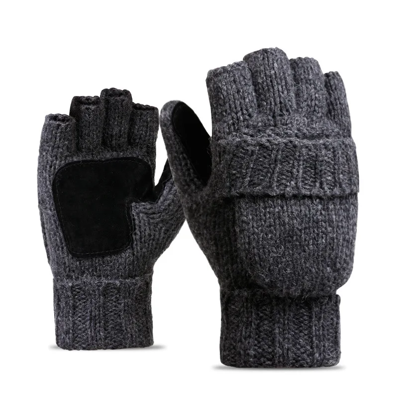 Wholesale Driving Genuine Leather Palm Warmth Half Five Finger Cover Mitten Men Touch Screen Woolen Knitted Winter Gloves