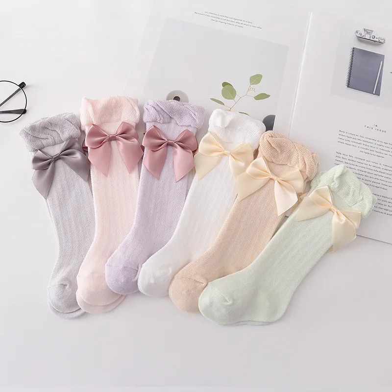 Baby thin mesh long ruffle cotton knee high organic cotton knit baby girl socks