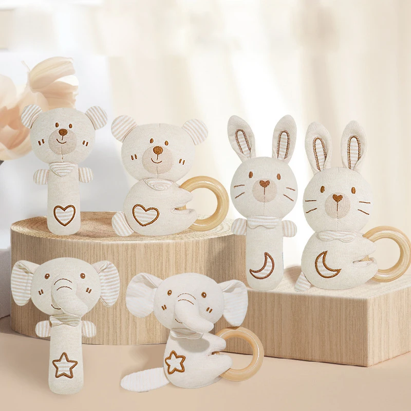 Handmade Organic Cotton Baby Teethers Amigurumi Animal Rattle Newborn Shower Gift Classic Wooden Ring Toy