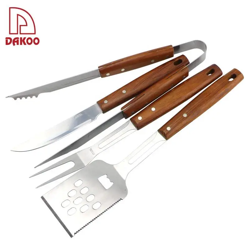 Yangjiang Factory Rose Wood Handle 4Pcs BBQ Tools Set Grill Set Barbecue Accessory With Aluminum Case