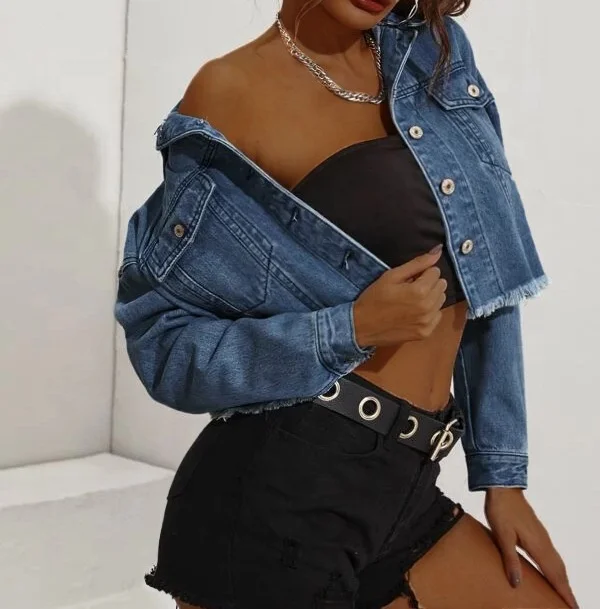 2021 New Arrive Women Back Split Tassel Chain Coat Long Sleeve Hollow Out Pocket Short Ripped Denim Jacket