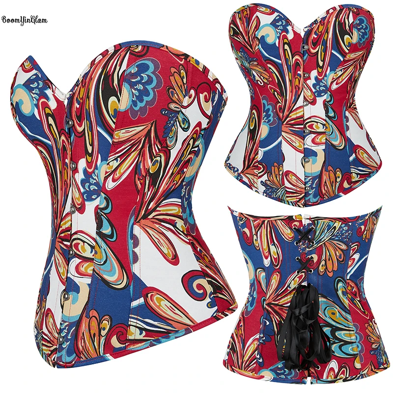 6 Brooches Closure Red Green Vintage Korsett Chest Binder Bustier Butterfly Print Overbust Corset Top For Women