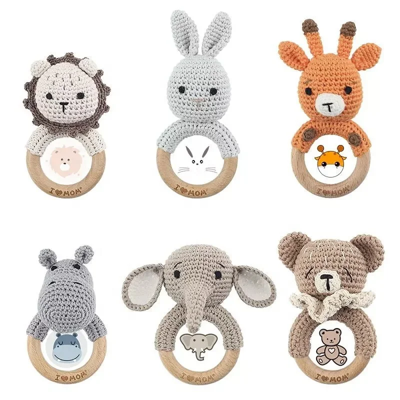 YLX Hot sale Natural Safety Handmade Wood Baby Cute Rabbit Animal Ring Rattle Teethers Wooden Teething Crochet Baby Teether