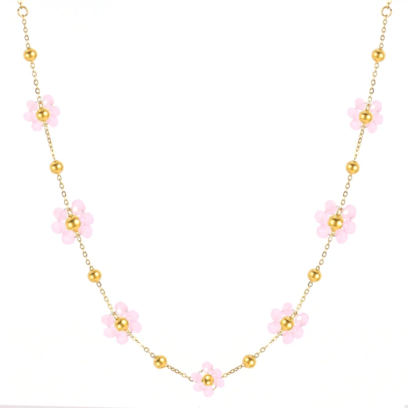 Trendy Colorful Flower Beaded Necklace Choker Bracelet for Women 316L Stainless Steel Jewelry Gold Plated Waterproof Charm Gifts