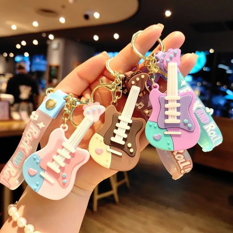 Wholesale hing quality  Rubber Keychains Creative Macaron 3D PVC Backpack Pendant Cartoon Silicon Cool Guitar Key Chain