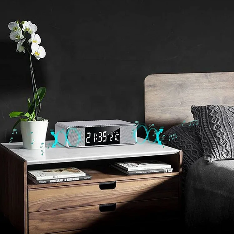 
Alarm Clock Bedside Non Ticking LCD Alarm Clock with USB Output & Wireless Charging, BT Speaker and FM Radio 