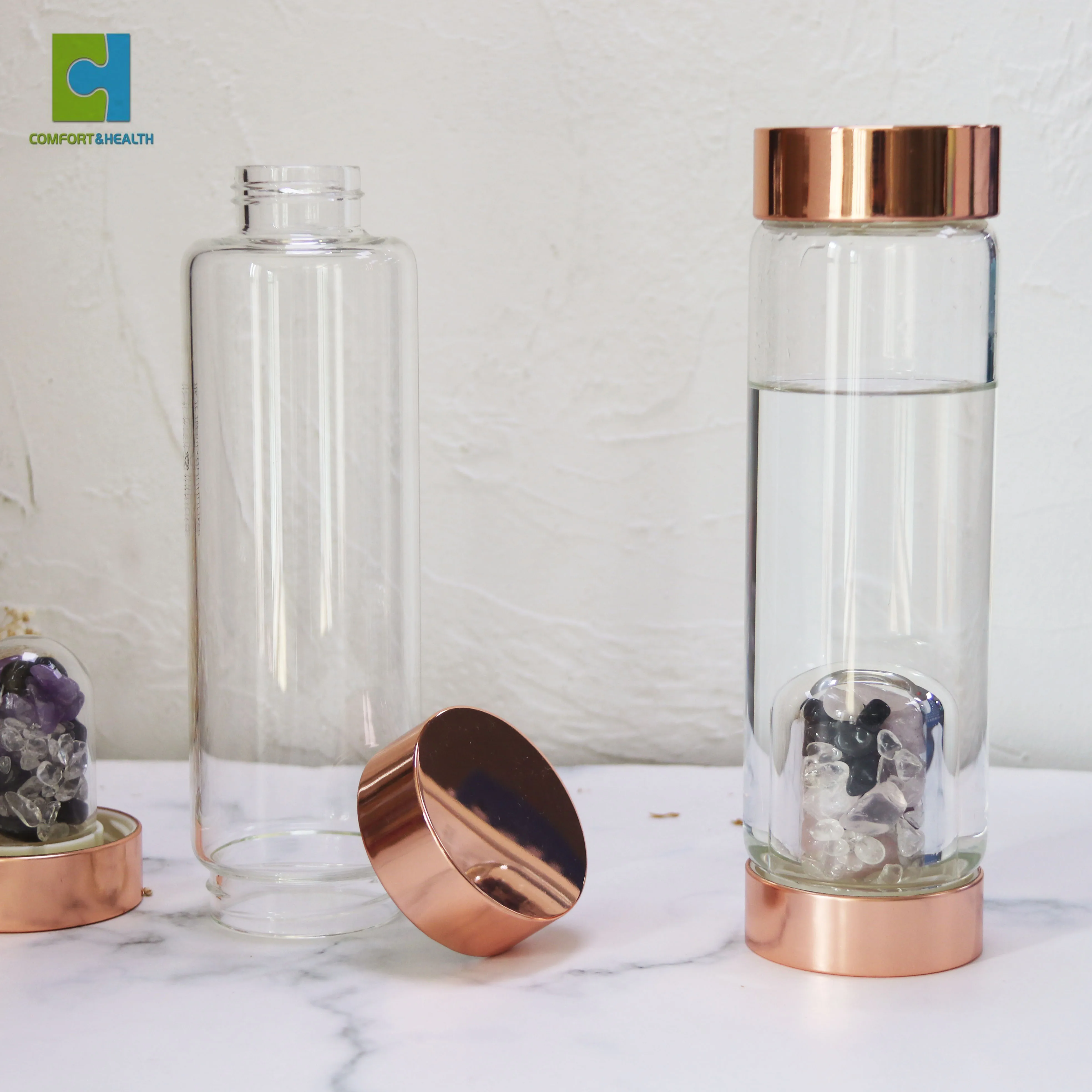 Personalized Eco Friendly Custom Logo Healing Bpa Free Insulated Glass Drinking Crystal Infused Water Bottle With Custom Logo