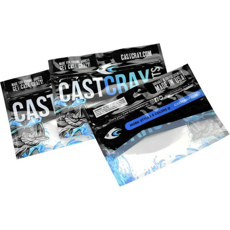 Custom Printed flat 3 side sealed plastic bag lure water soluble small Fishing baits plastic bags with ziplock