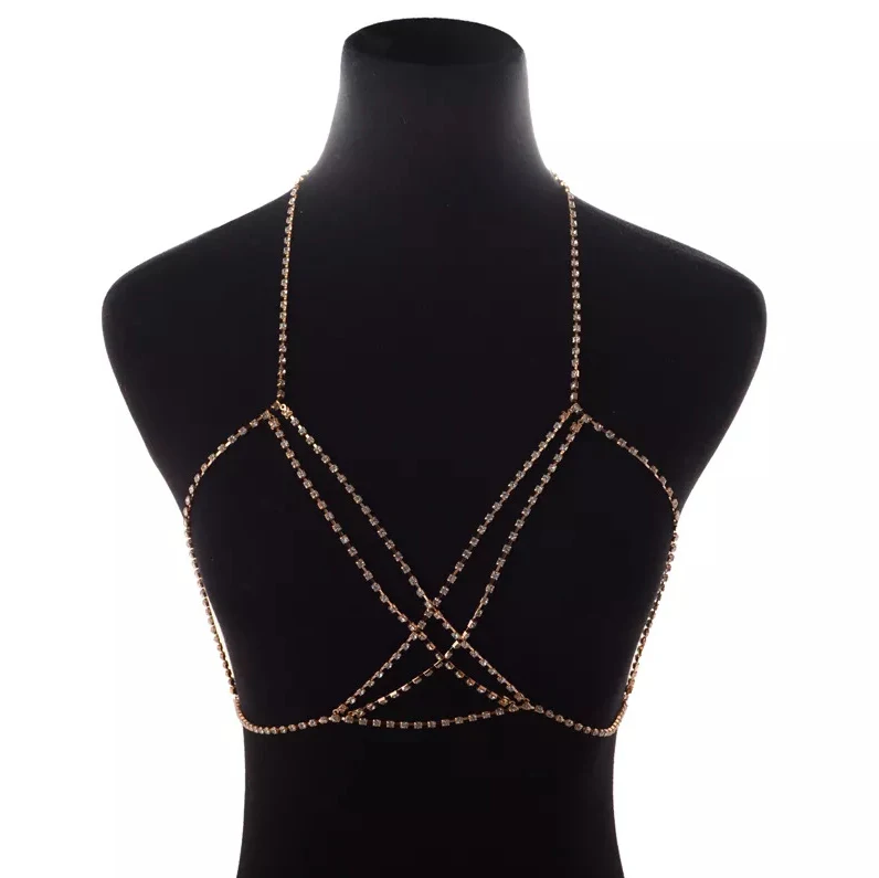 Women Sexy Crystal Rhinestone Cross Chest Boob chain Bra Outfit Double Layered Harness Bikinis Decor Breast Body Chain Jewelry
