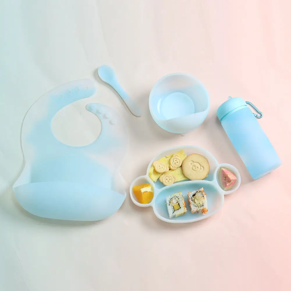Bpa Freekit Tableware Silicone Set Suction Plate Cup And Suction Bowl And Spoon Bib Biodegradable For Kids Toddlers