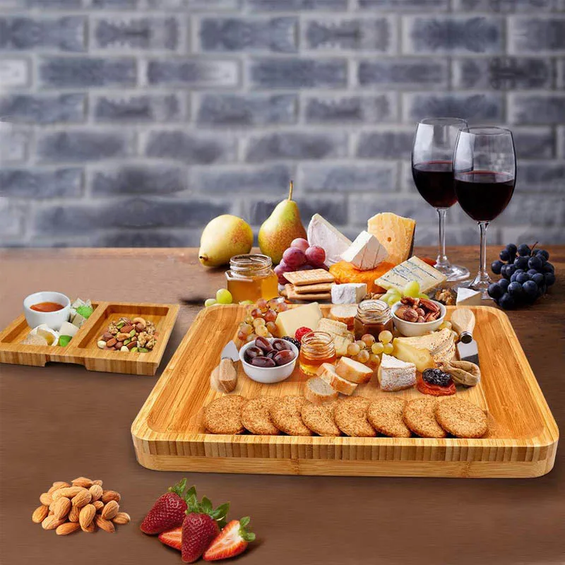 Customized Bamboo Cheese Board With Cutlery Set,Portable Wooden Cutting Board Vegetables Cheese/