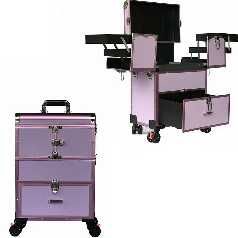 Professional Makeup train case large portable Multi-Layer PVC Hardware Rolling Cosmetic Makeup Trolley Case with mirrorr