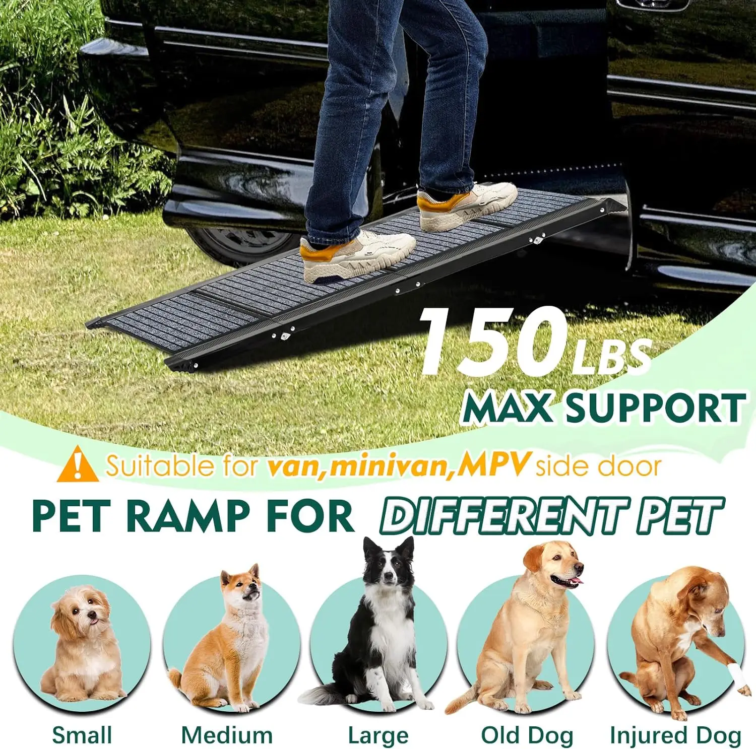 CANBO Foldable Dog Ramp Car Trucks SUVs Portable Outdoor Stair for Large Dog with Felt Rug