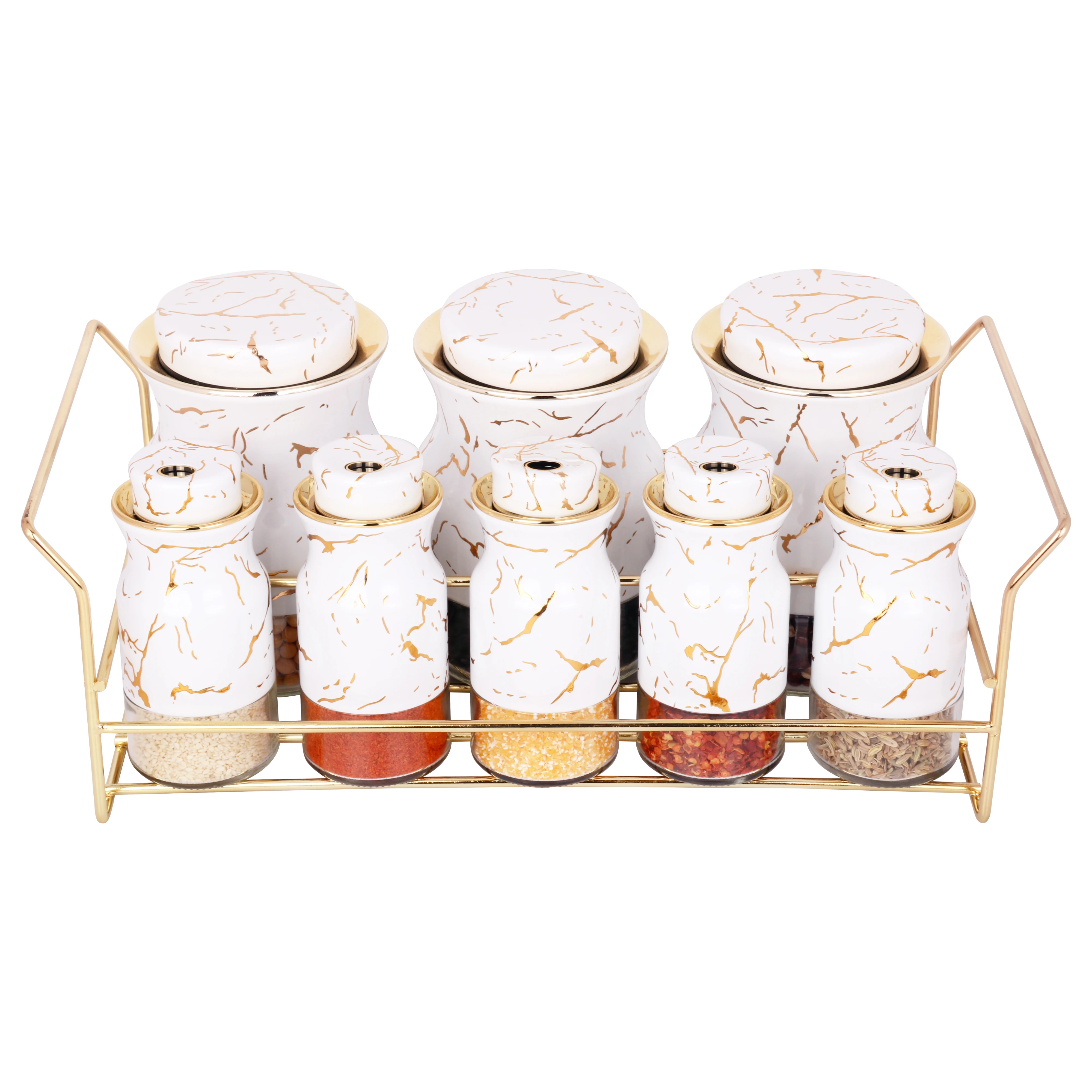 airtight kitchen 8pcs white glass spice storage container sets with stainless steel rack with lid